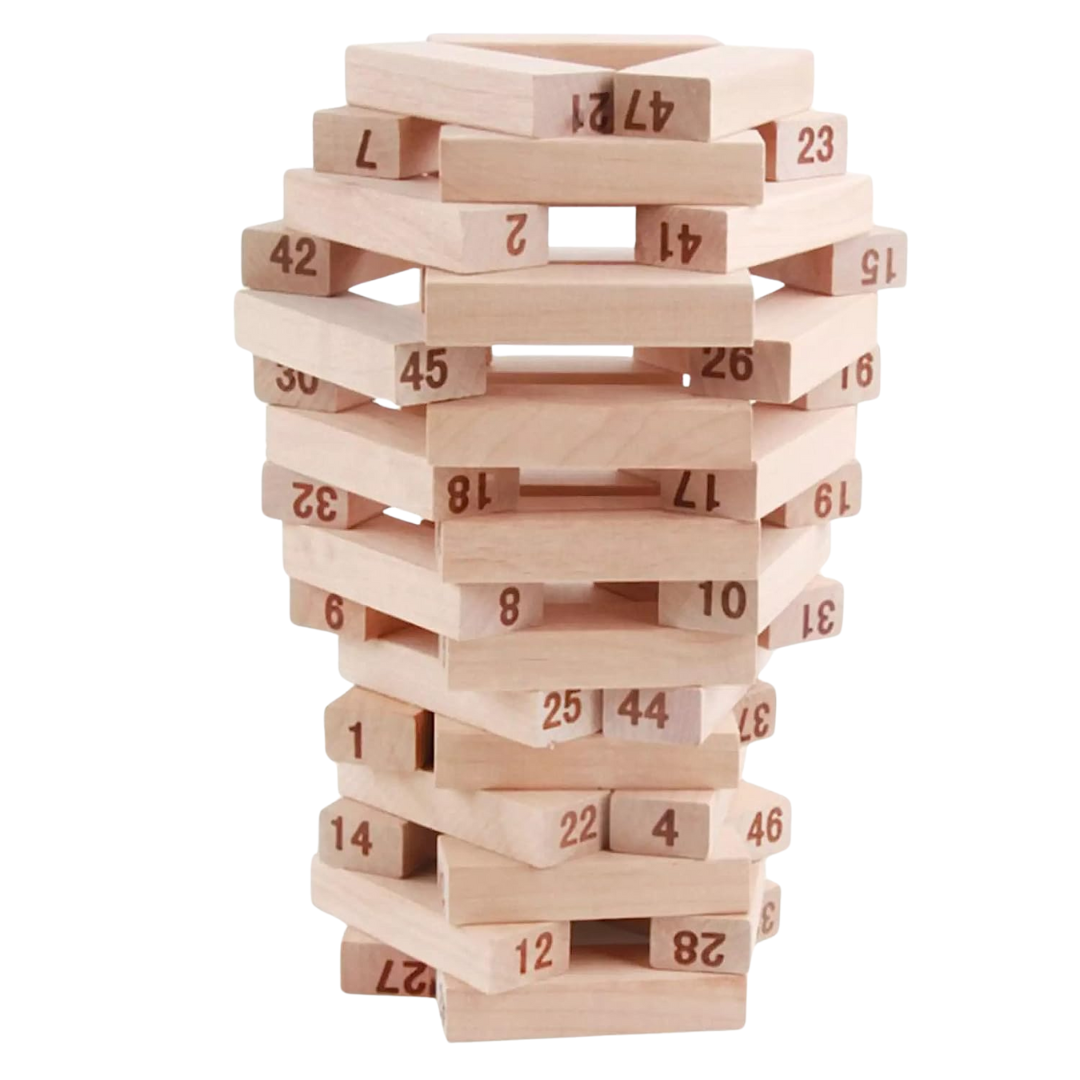 Wooden Tumbling Tower – 54 Numbered Blocks with Dice | Educational Puzzle & Fun Board Game