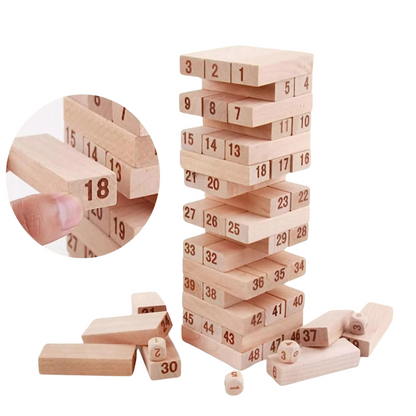 Wooden Tumbling Tower – 54 Numbered Blocks with Dice | Educational Puzzle & Fun Board Game