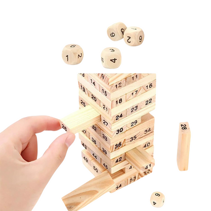 Wooden Tumbling Tower – 54 Numbered Blocks with Dice | Educational Puzzle & Fun Board Game