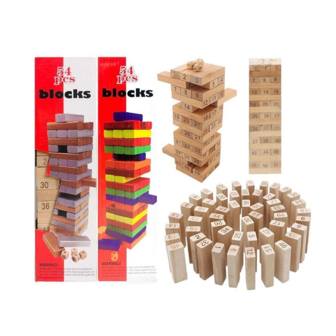 Wooden Tumbling Tower – 54 Numbered Blocks with Dice | Educational Puzzle & Fun Board Game