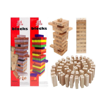 Wooden Tumbling Tower – 54 Numbered Blocks with Dice | Educational Puzzle & Fun Board Game