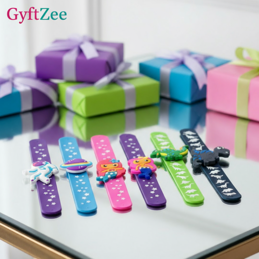 Colorful children's wristbands on a reflective surface with gift boxes in the background.