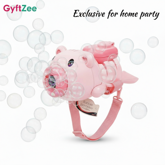 Pink bubble gun shaped like a pig with bubbles around on a white background