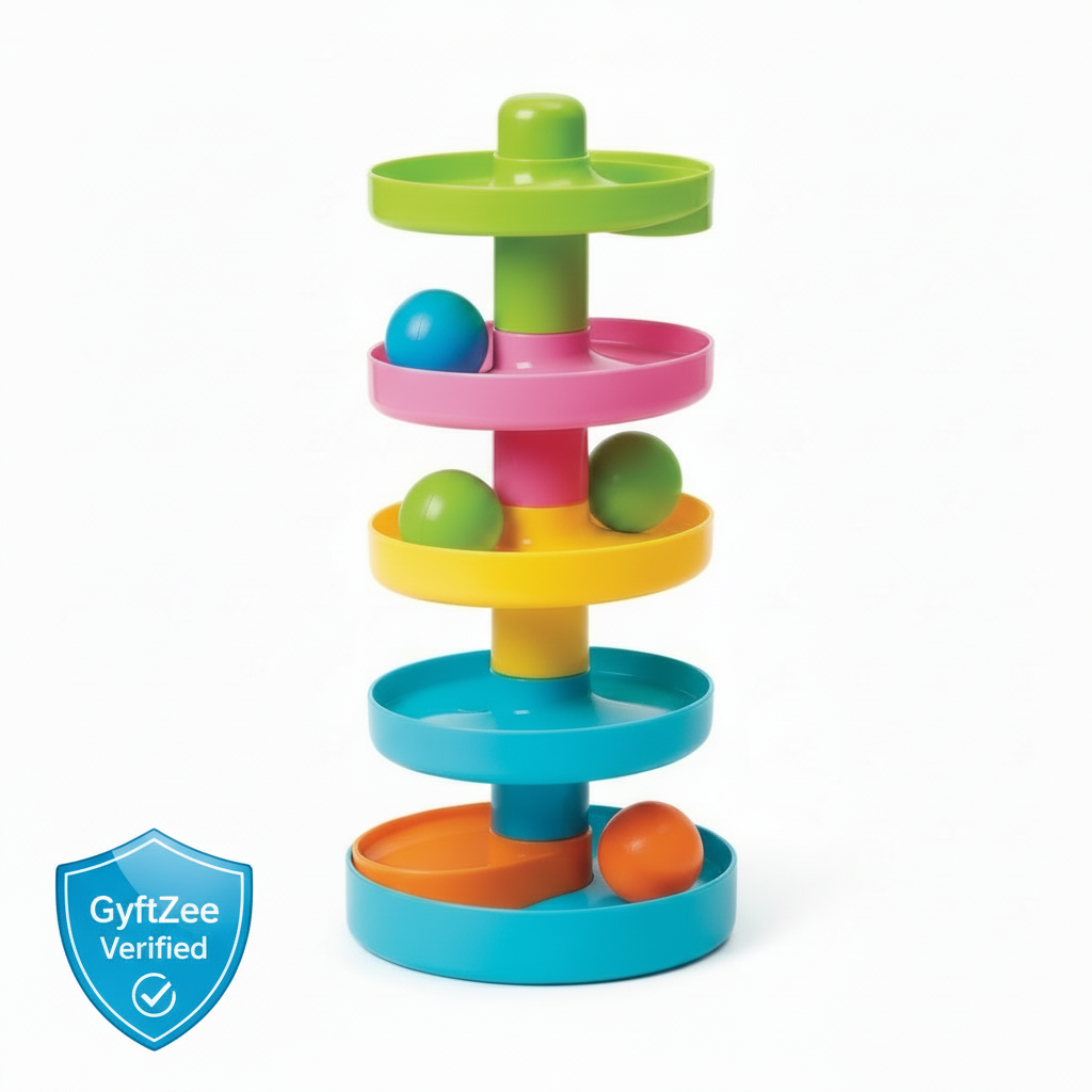 Colorful toy with stacked rings and balls on a white background, featuring GyftZee Verified badge.