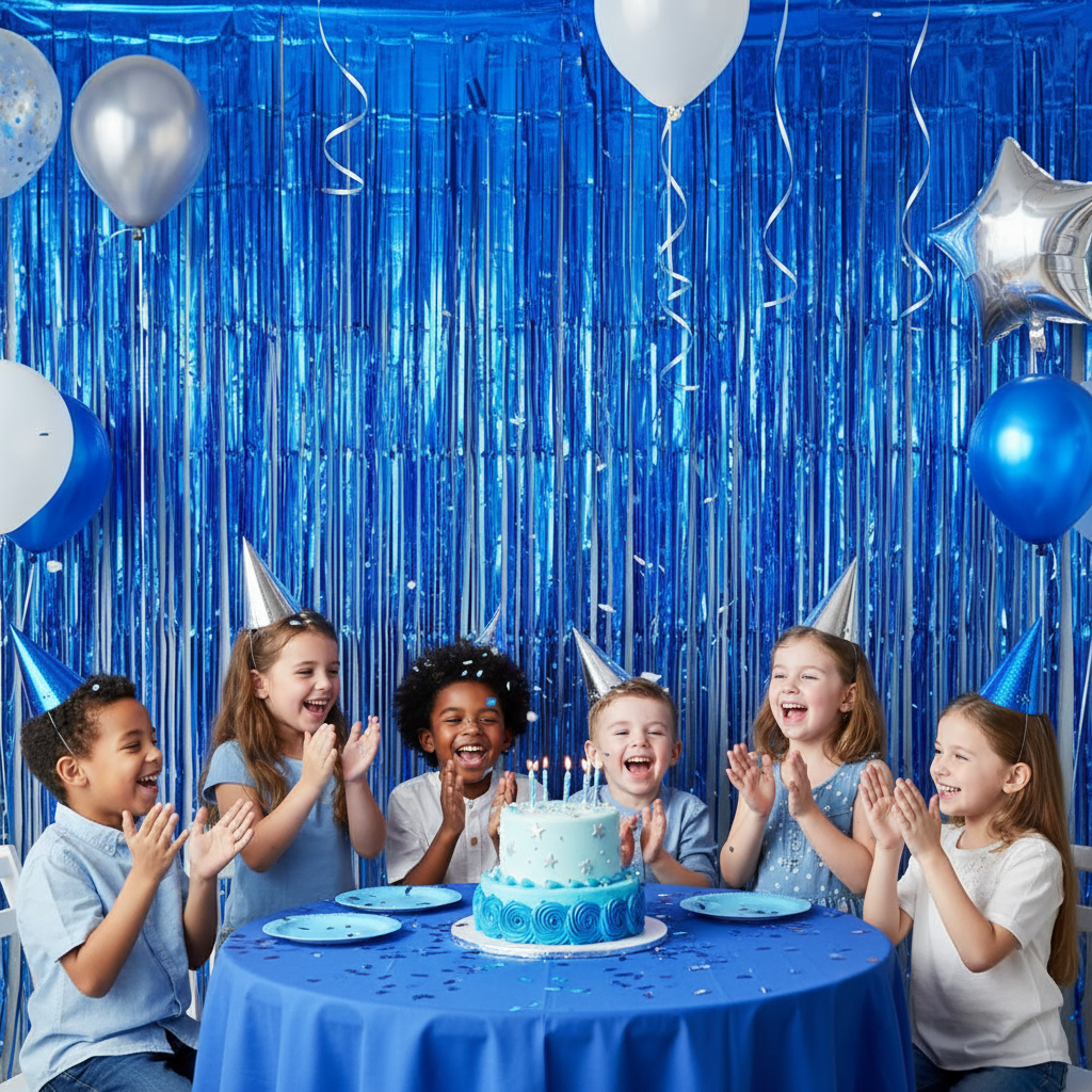 Blue Color Foil Fringe Curtain – 3x6 ft for Birthday & Decoration (1 Piece)