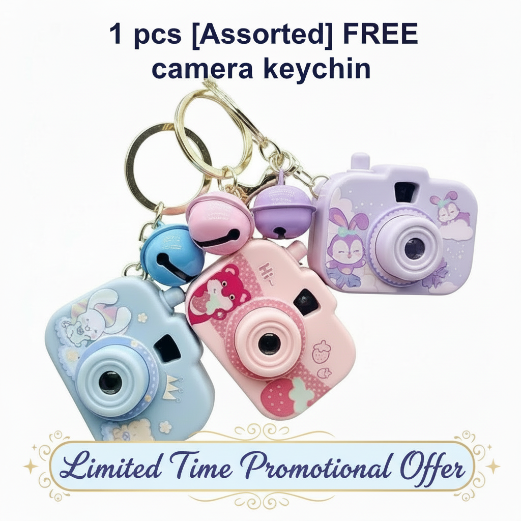 Assorted camera-shaped keychains on a white background with promotional text.
