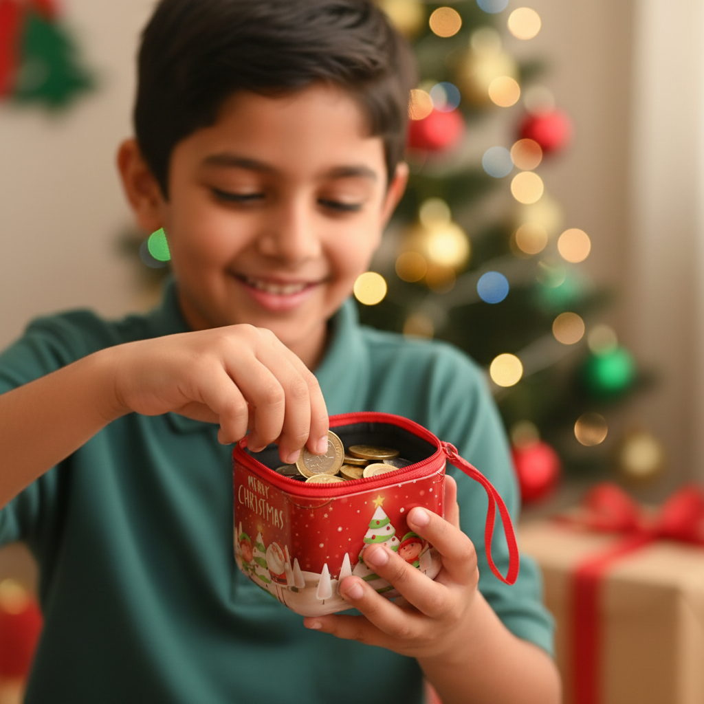 Child Putting Coins in Christmas Pouch