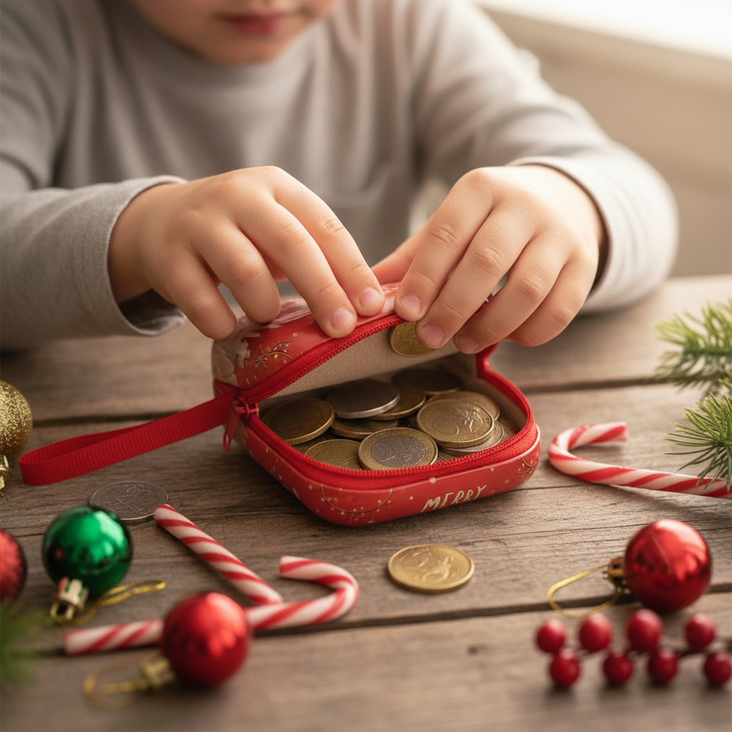 Child Using Christmas Pouch Close-up