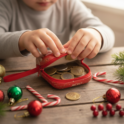 Child Using Christmas Pouch Close-up