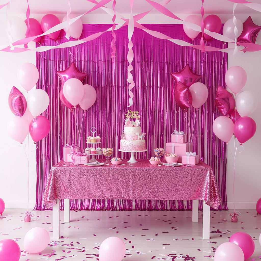 Curtain - Dark Pink Color Foil Fringe Curtain (3 Feet X 6 Feet) (1 Piece)