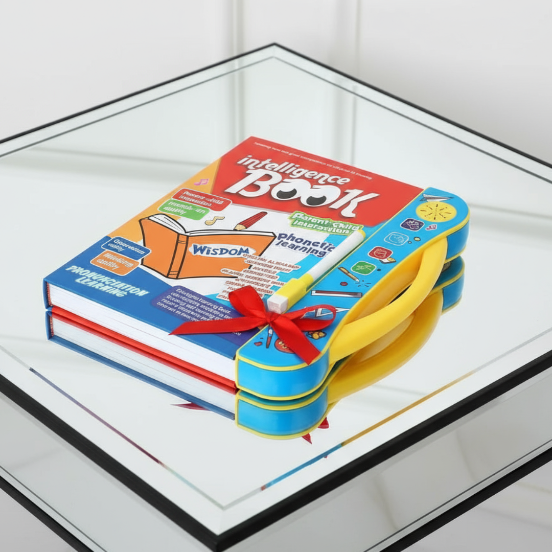 Colorful book-shaped toy with a red ribbon on a glass surface and learning kit for kids