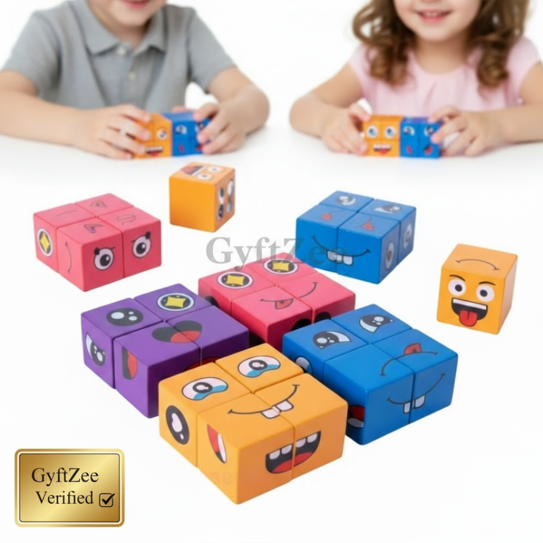 Colorful cube toys with emoji faces on a white background, with children playing with them.