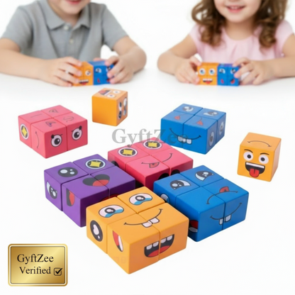 Colorful cube toys with emoji faces on a white background, with children playing with them.
