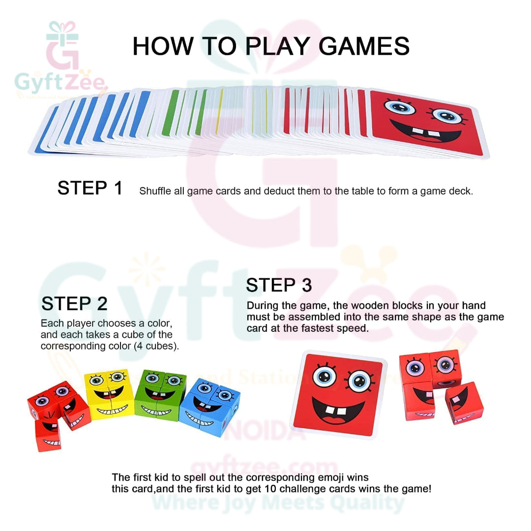 Emoji Face Changing Puzzle Game | 16 Face Blocks & 72 Cards | Educational