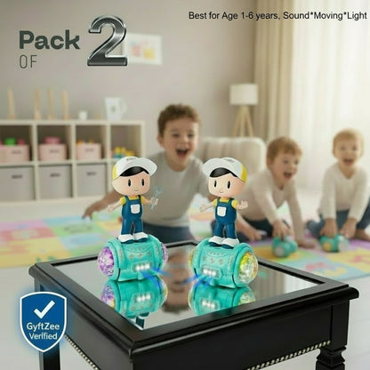 Two toy figures on wheels with a child in the background, labeled 'Pack of 2' and 'Best for Age 1-6 years'. Fashion Boy sound toy
