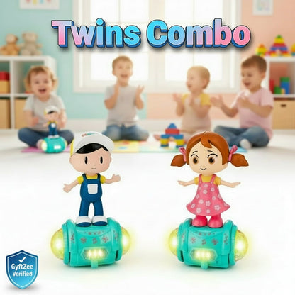Toy figures on rolling bases with children playing in the background, labeled 'Twins Combo'. Fashion Girl&Boy dancing sound light Toy
