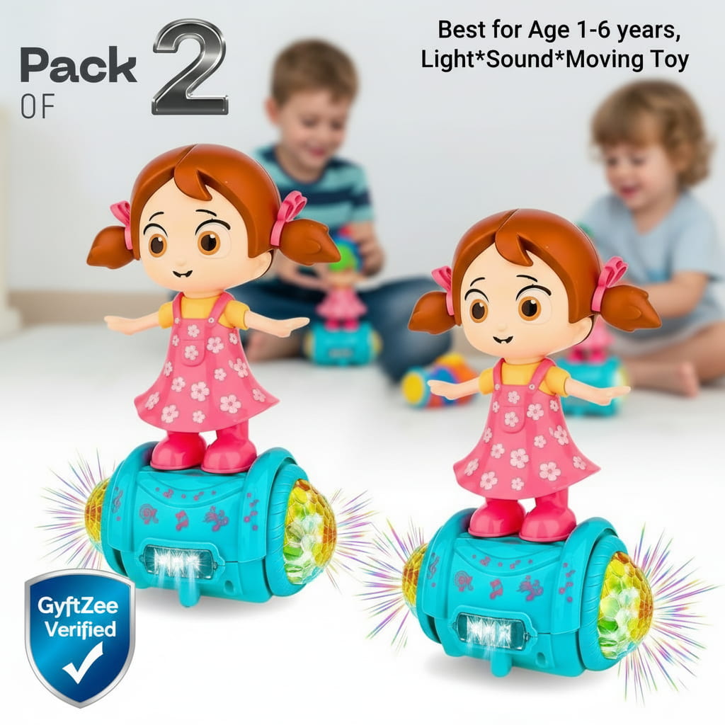 Two toy figures with colorful bases on a white background, with children playing in the background. Moving, Sound, Light Toy best for kids age 1-6 years

