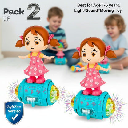 Two toy figures with colorful bases on a white background, with children playing in the background. Moving, Sound, Light Toy best for kids age 1-6 years
