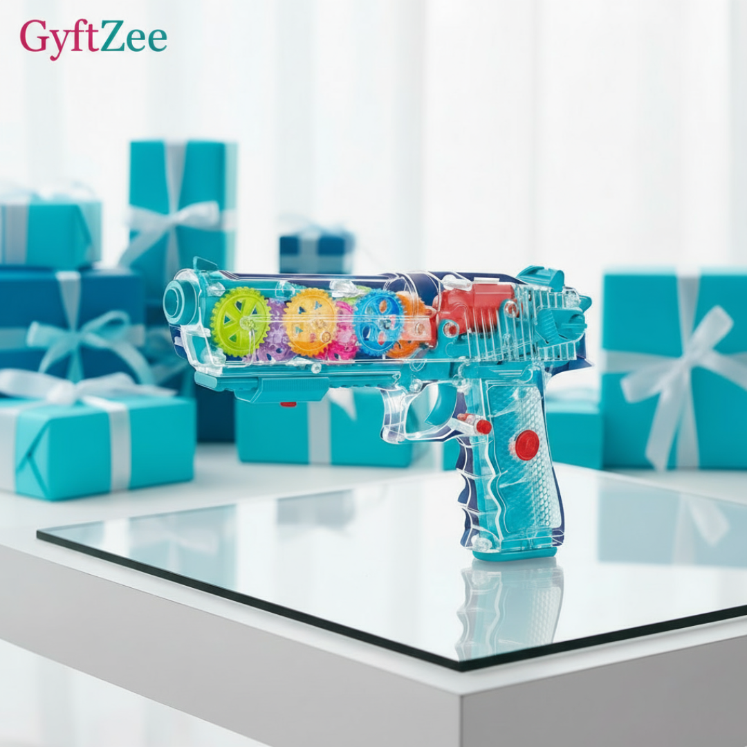 Colorful toy gun with a transparent design on a white surface, surrounded by blue gift boxes.