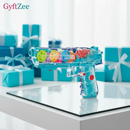 Colorful toy gun with a transparent design on a white surface, surrounded by blue gift boxes.