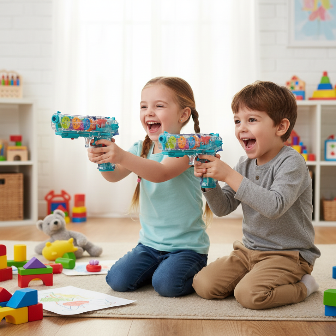 (Multi-Color) Musical Transparent Glow Gear Gun – 3D Lights & Sound Toy for Kids