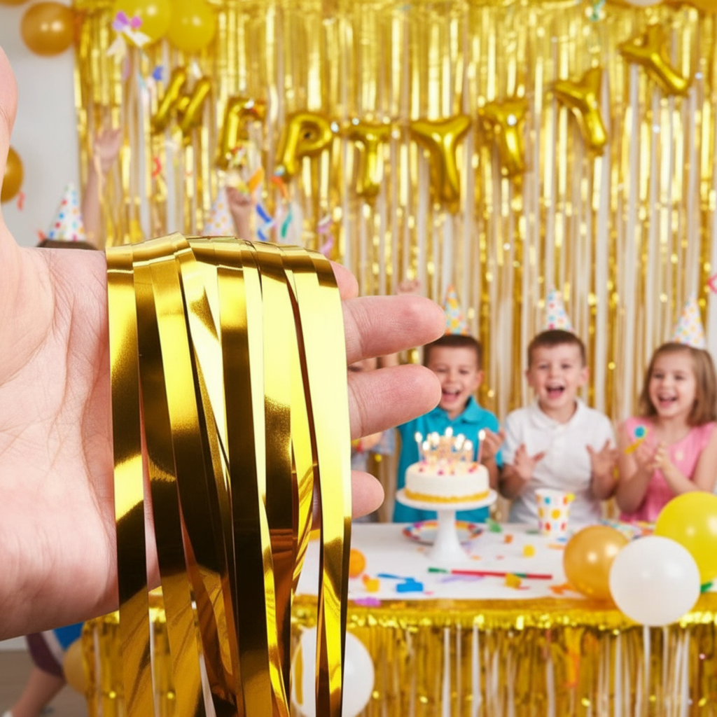 Gold Color Foil Fringe Curtain – 3x6 ft for Birthday & Decoration (1 Piece)