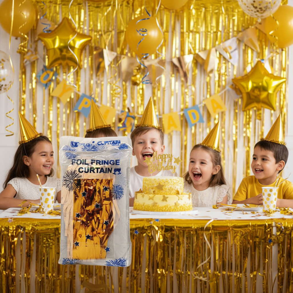 Gold Color Foil Fringe Curtain – 3x6 ft for Birthday & Decoration (1 Piece)