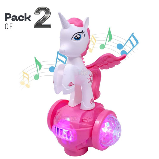 [Pack of 2 - Twins, Random Colors] Lovely Horse Hover Unicorn Stunt Tricycle Toy with 5D Lights and Music