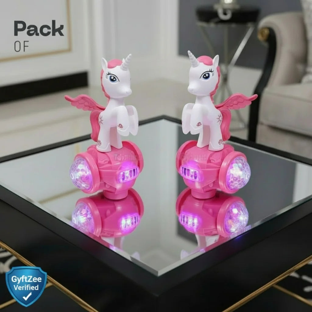 Two toy unicorns on pink bases with glowing wheels on a reflective surface.