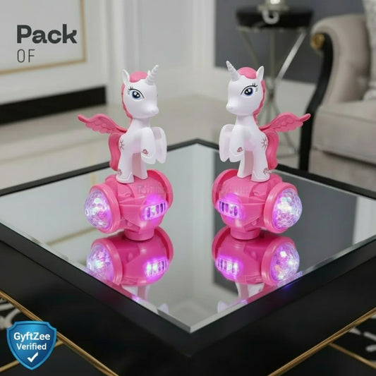 Two toy unicorns on pink bases with glowing wheels on a reflective surface.
