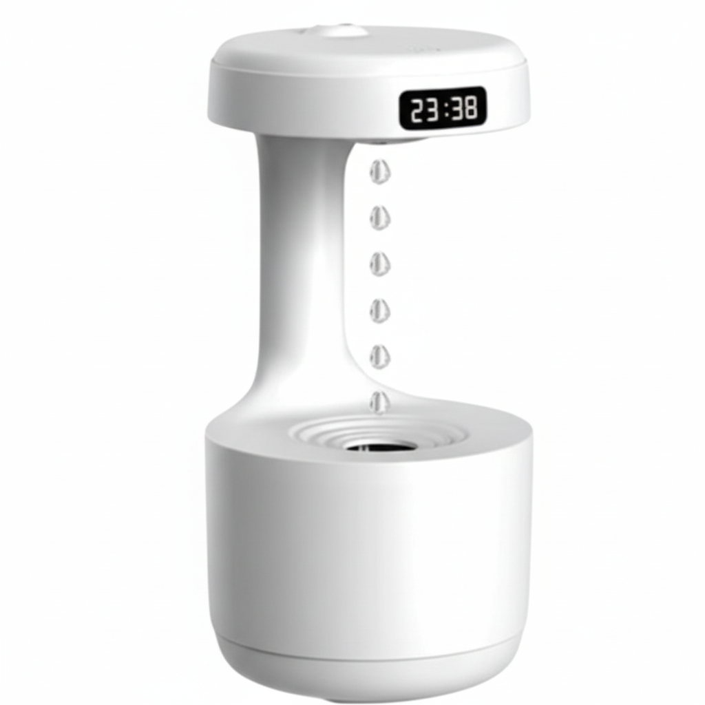 White electronic device with digital clock and USB port on a white background