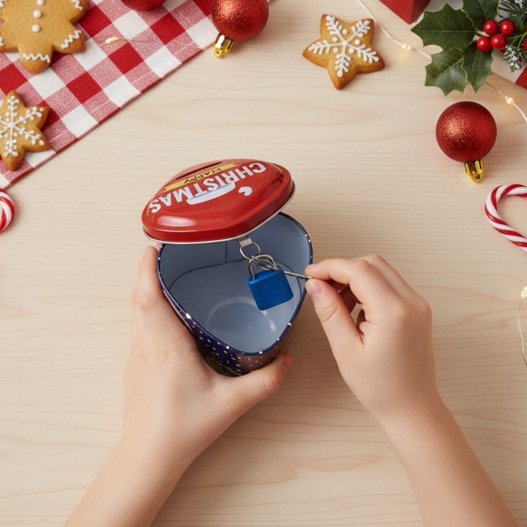 Child's hands using key to unlock Christmas piggy bank