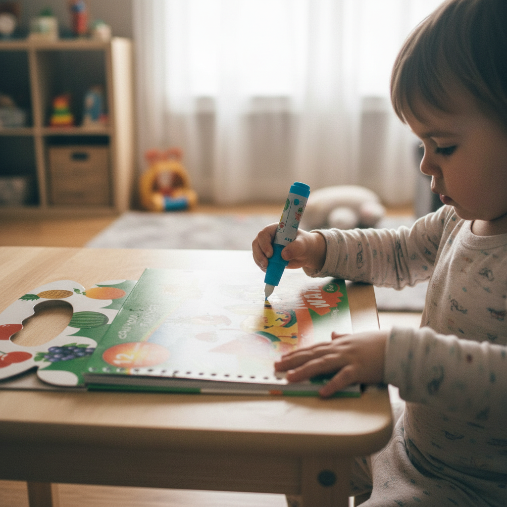 Child using water pen on magic water book - UGC lifestyle photo