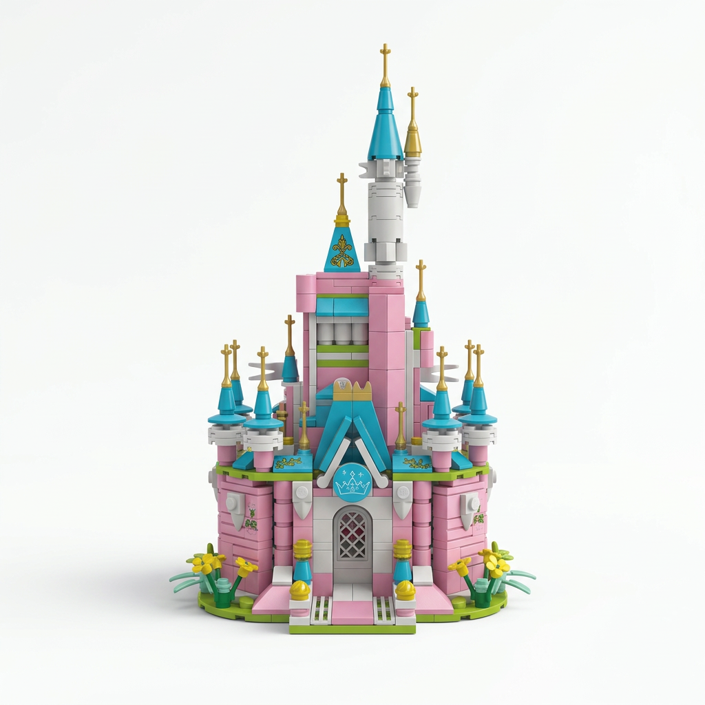 Twilight Palace pink and teal assembled castle, AI-edited from supplier sheet