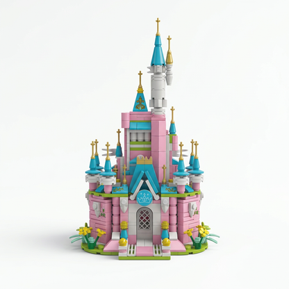 Twilight Palace pink and teal assembled castle, AI-edited from supplier sheet