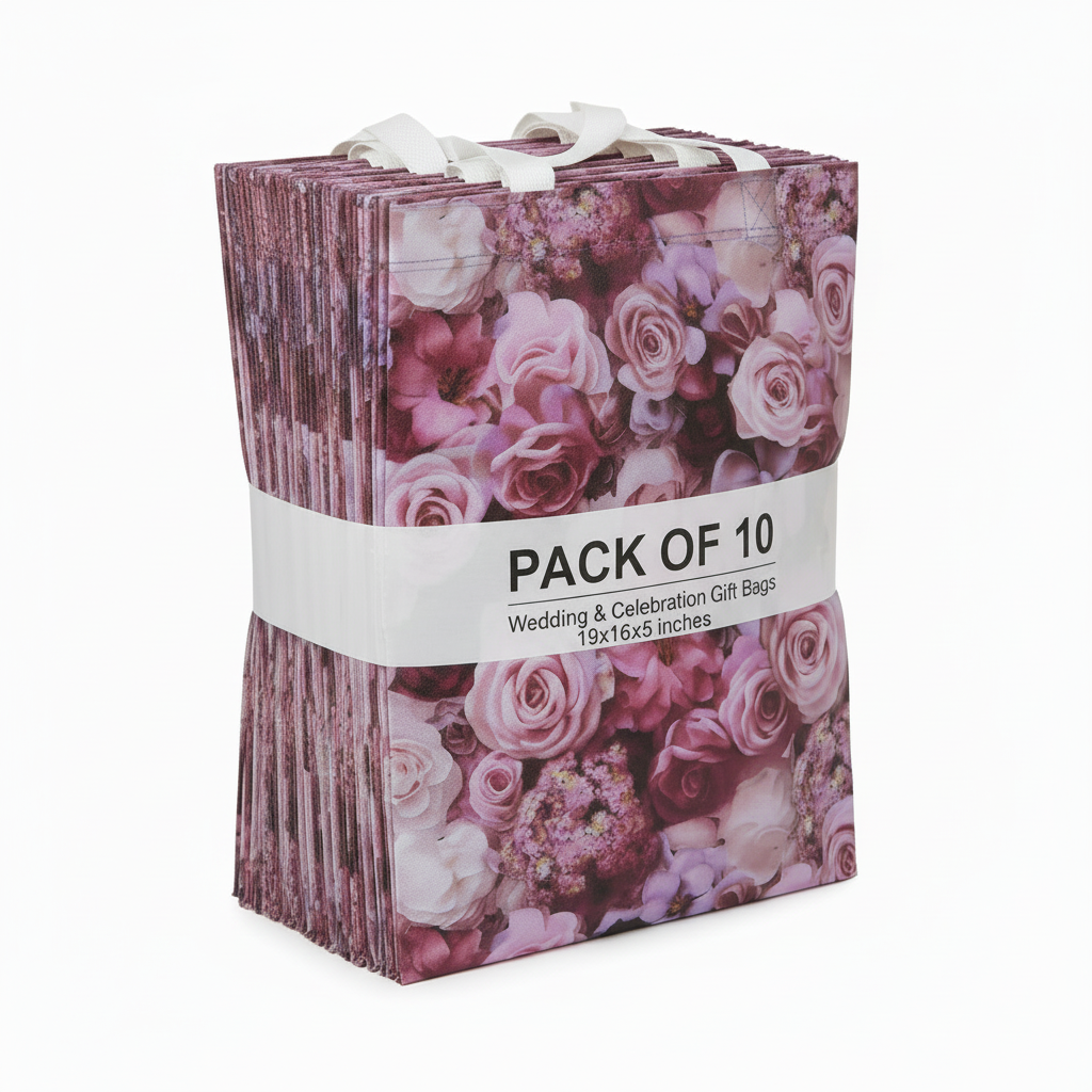 Pack of 10 wedding and celebration gift bags with floral design on a white background