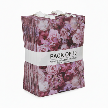 Pack of 10 wedding and celebration gift bags with floral design on a white background