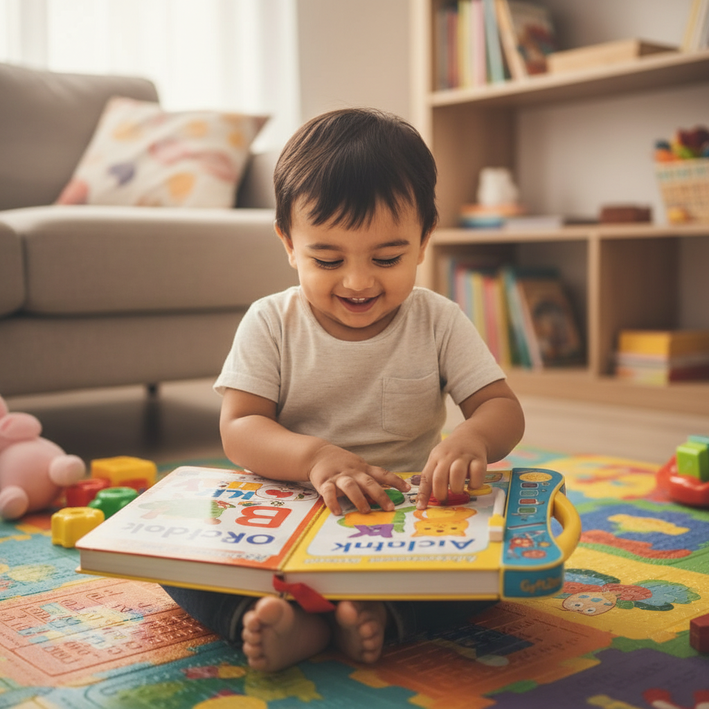 Child playing with intelligent sound book - UGC lifestyle photo