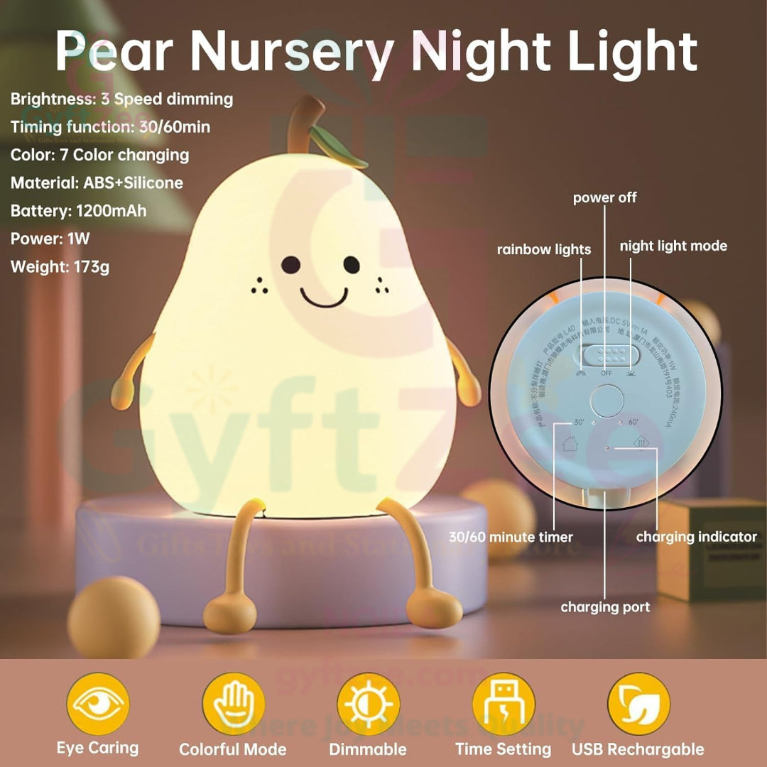 [Random Color] Silicone Pear Night Lamp | Touch-Control LED Light for Kids & Baby Gift