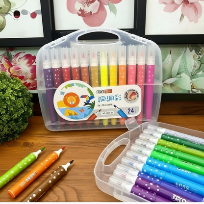 Set of colorful markers in a transparent case on a wooden surface with visible brand 'Doozydo'.