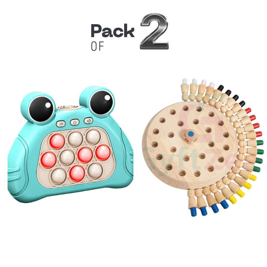 [Pack of 2 - Twins, Random Colors] Mini Fast Push Pop AND Wooden Memory Match Stick & Chess Game