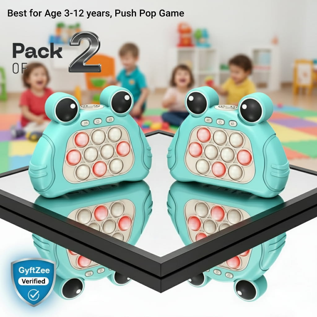 Two turquoise frog-shaped pop-it toys on a reflective surface with children playing in the background. Push Pop game puzzle for kids and stress buster