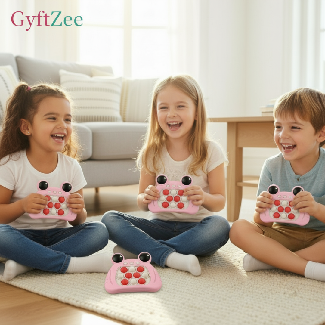 Three children sitting on a rug in a living room, each holding a pink pushpop toy with black buttons.