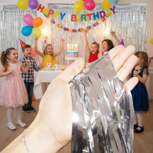 Silver Color Foil Fringe Curtain – 3x6 ft for Birthday & Decoration (1 Piece)