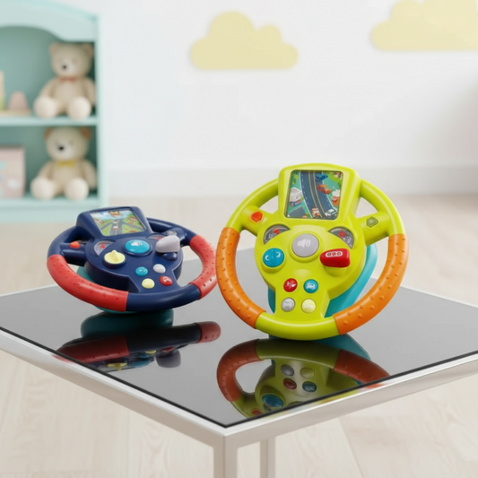 Two toy steering wheels on a reflective surface with teddy bears in the background.