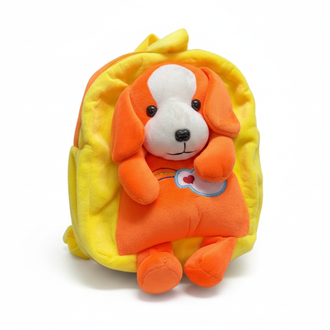 A soft children's backpack designed to look like an animated dog with a red collar and a white and orange color scheme.